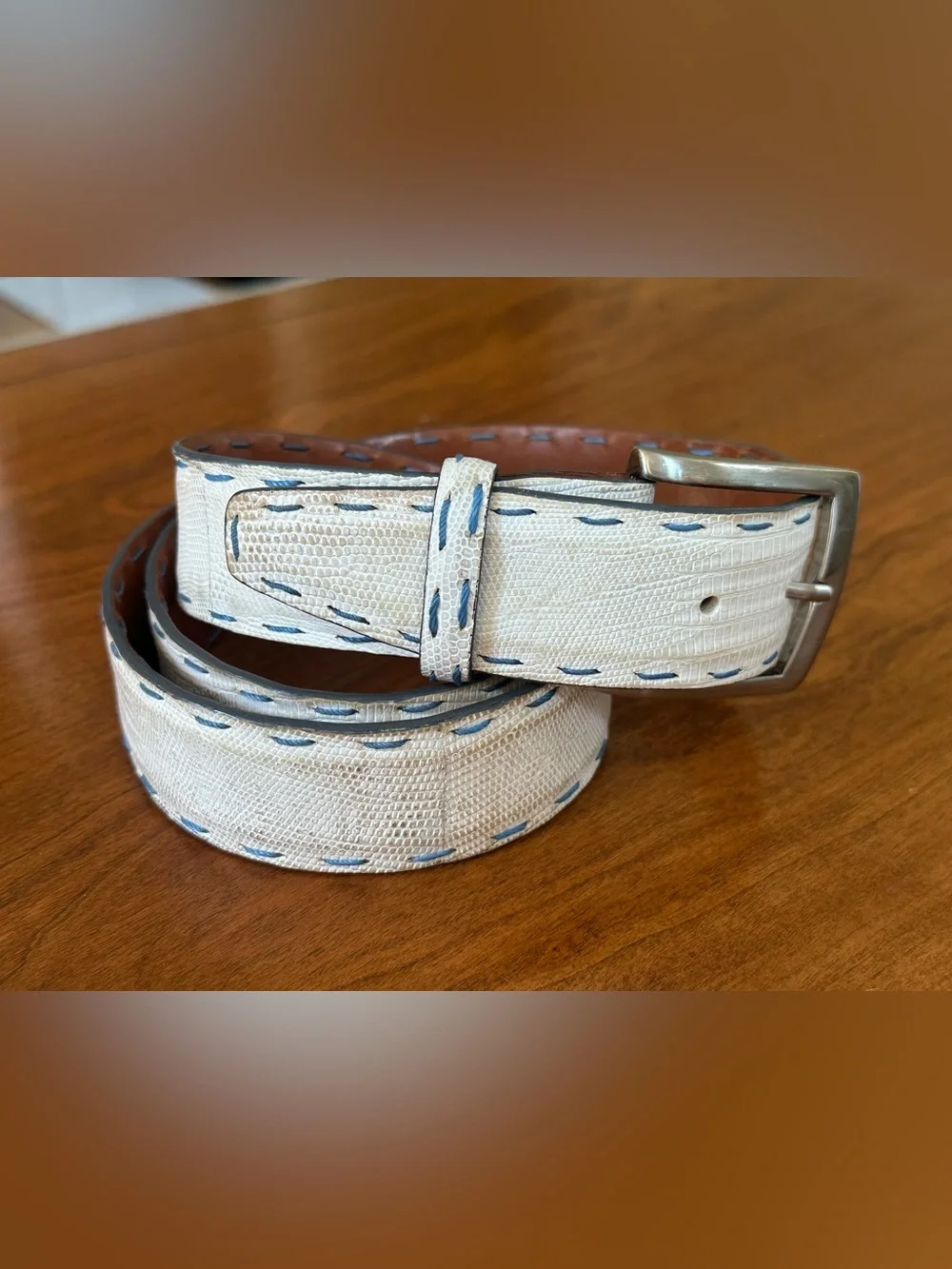 Francis Edward Genuine Lizard Belt Size 40 White Blue Solid Brass Made USA